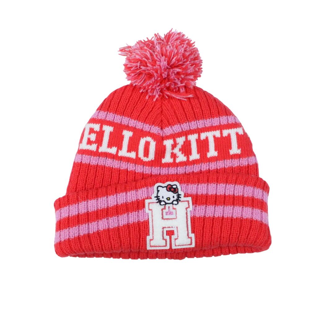 Sanrio Hello Kitty pink red knitted beanie hat pom-pom patch academic college